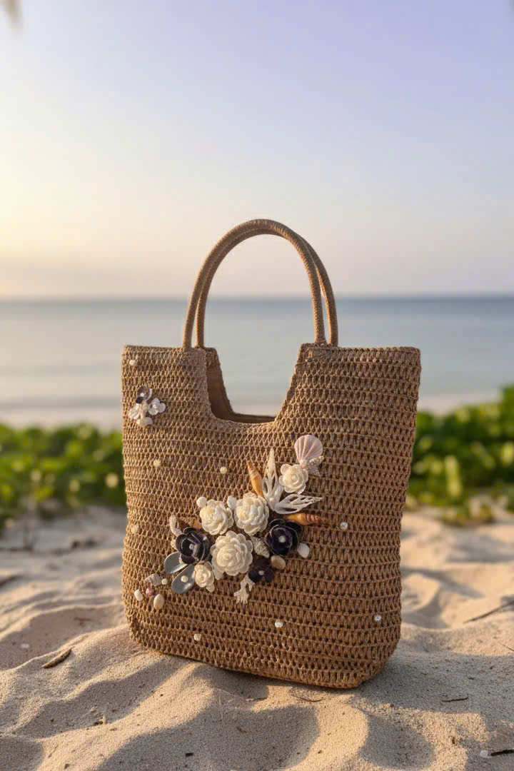 Giỏ Cói Giấy Mềm Dáng Tote Gắn Vỏ Sò, Giỏ Cói Tote Lan Châu ACC142