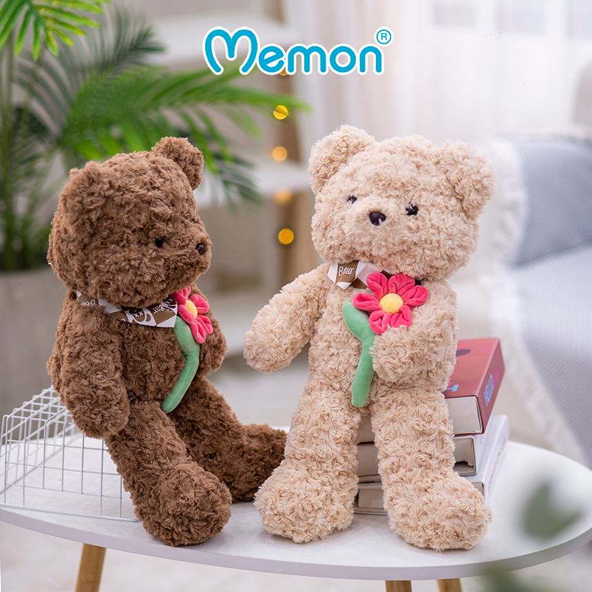 Gấu Bông Teddy Ôm Cành Hoa 50cm Cao Cấp Memon, Gấu Bông Teddy Mềm Mịn