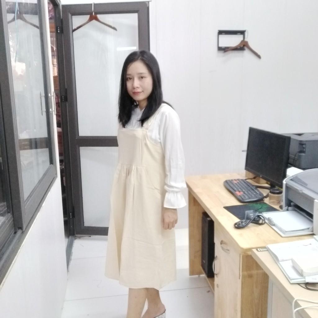 Set Ulzzang áo sơ mi váy yếm thô