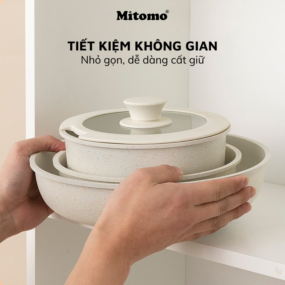 Bộ nồi chảo đá gốm Mitomo chống dính cao cấp 5 món có tay cầm tháo rời, dùng cho mọi loại bếp - Hàng chính hãng