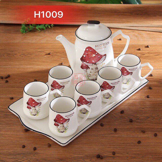 Bộ ấm chén kèm khay sứ cao cấp pha trà cà cà phê cây nấm đỏ