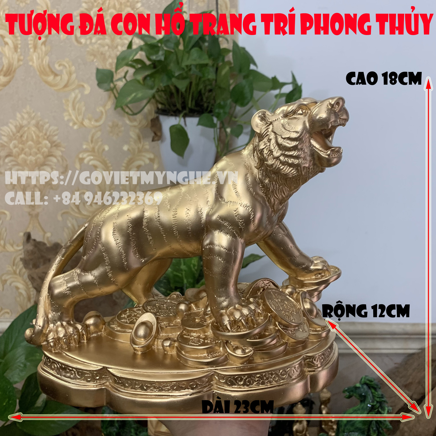 Tượng Đá Hổ Trang Trí Phong Thủy - Màu Nhũ Vàng - Size Lớn