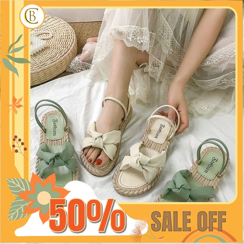 Dép sandal cói nơ đế bằng