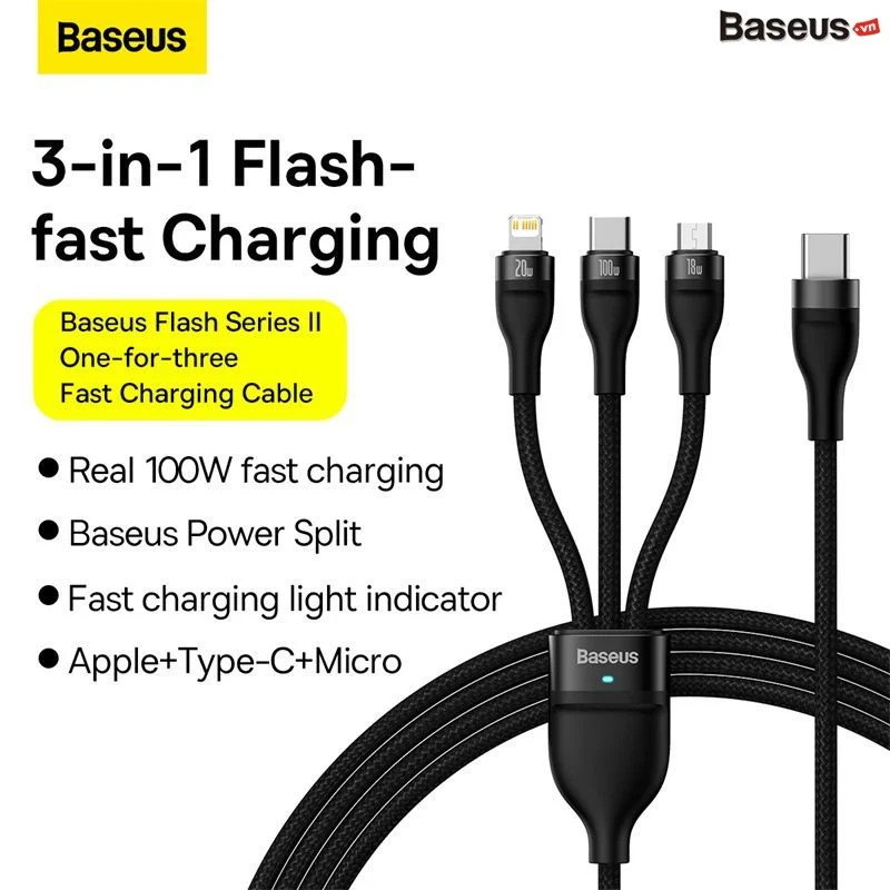 Cáp Sạc Nhanh Đa Năng 3 in 1 Baseus Flash Series Ⅱ One-for-three Fast Charging Cable - hàng chính hãng