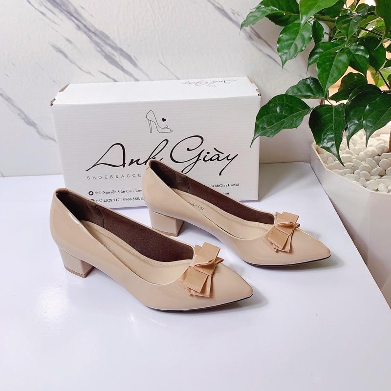 CG23 - Giày da bóng mũi nhọn gót vuông 3p nơ lụa cực xinh hàng VNXK