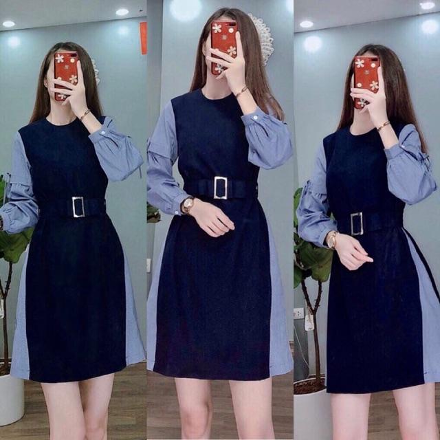 Đầm cổ tròn phối tay kẻ kèm đai