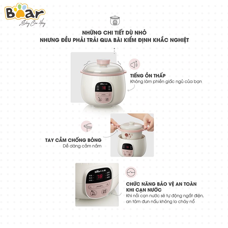 Nồi Nấu Chậm 0,8L Bear SUBE001 Đa Năng Nấu Cháo, Chưng Yến Bản Quốc Tế - Hàng Chính Hãng