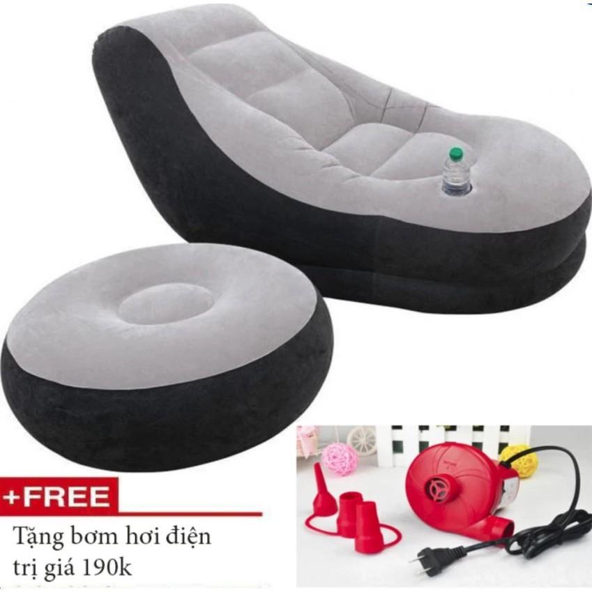 Ghế hơi tựa lưng bọc nhung Lazy Sofa, có đôn gác chân tặng bơm hơi điện 220V