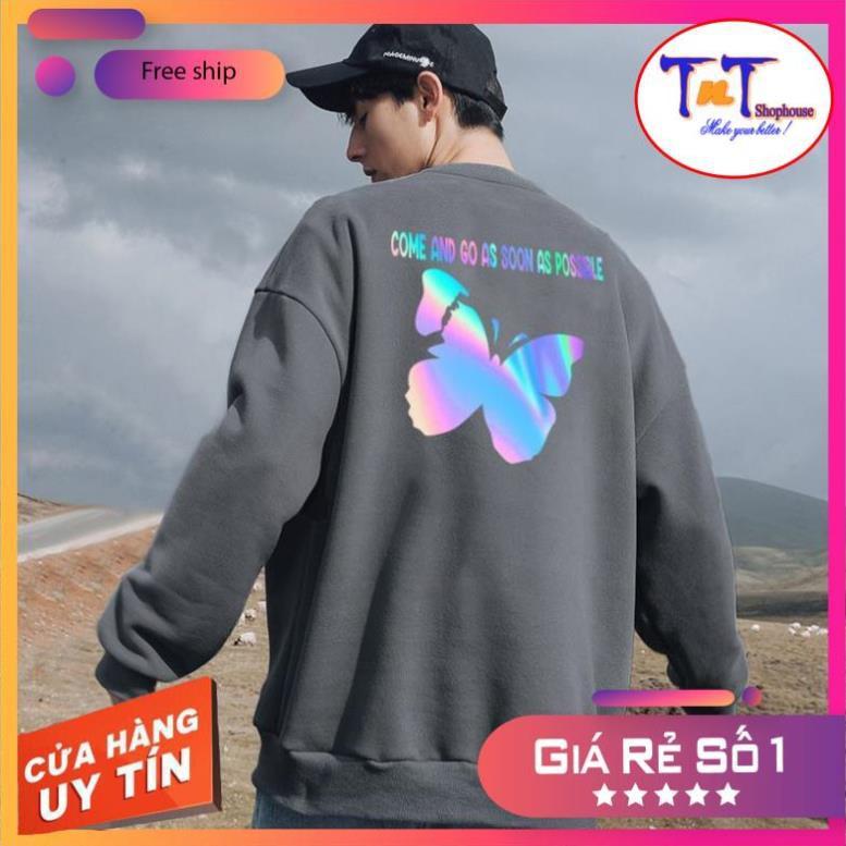 AS08 Áo Sweater Con Bướm Phản Quang Áo Nỉ Dài Tay Unisex Nam Nữ thời trang sinh viên học sinh cao cấp