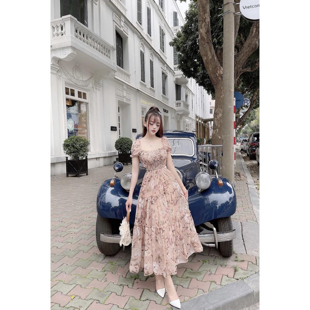Đầm Maxi Hoa Dáng Xòe Trễ Vai Nhúng Ngực - Vải Voan - 2 Màu Hồng, Xanh - Dành Cho Nàng Đi Chơi - ẢNH THẬT