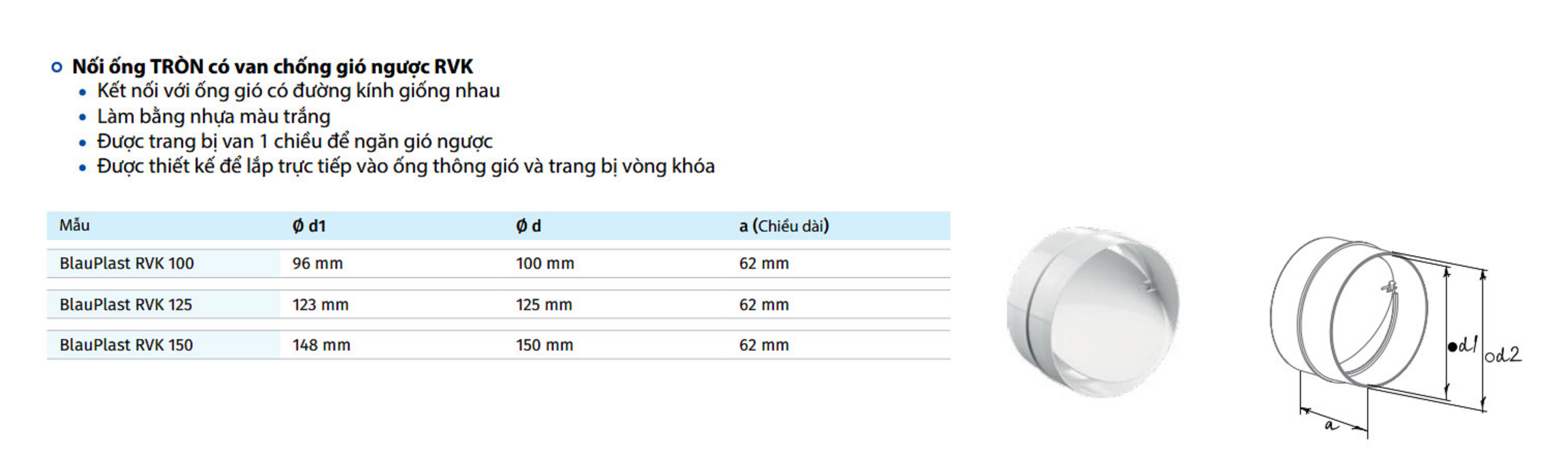 NỐI ỐNG TRÒN CÓ VAN CHỐNG GIÓ NGƯỢC - RVK 150- Hàng Nhập Khẩu
