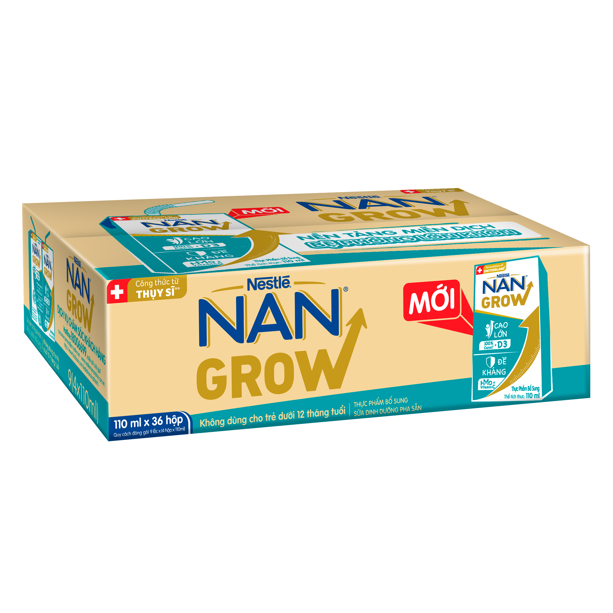 [Mua 1 Tặng 1] Thùng 36 hộp Sữa pha sẵn Nestlé NANGROW 110ml/hộp sữa mát công thức từ Thụy Sĩ 100% Canxi giúp bé cao lớn vượt trội 9(4 x 110ml) (1 tuổi trở lên)