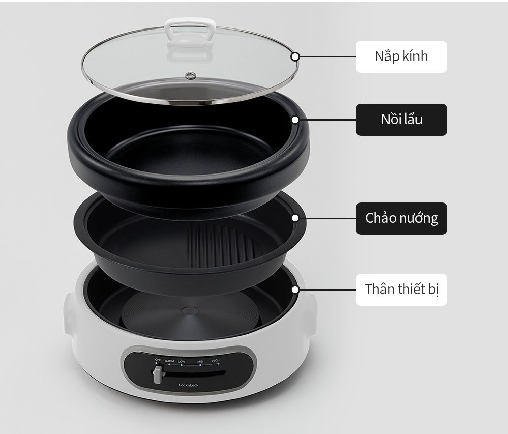 Nồi lẩu điện đa năng Lock&Lock 4L Multi Cooker EJP544WHT - Hàng chính hãng, có thể nấu và nướng, lồng tháo rời - Hapos