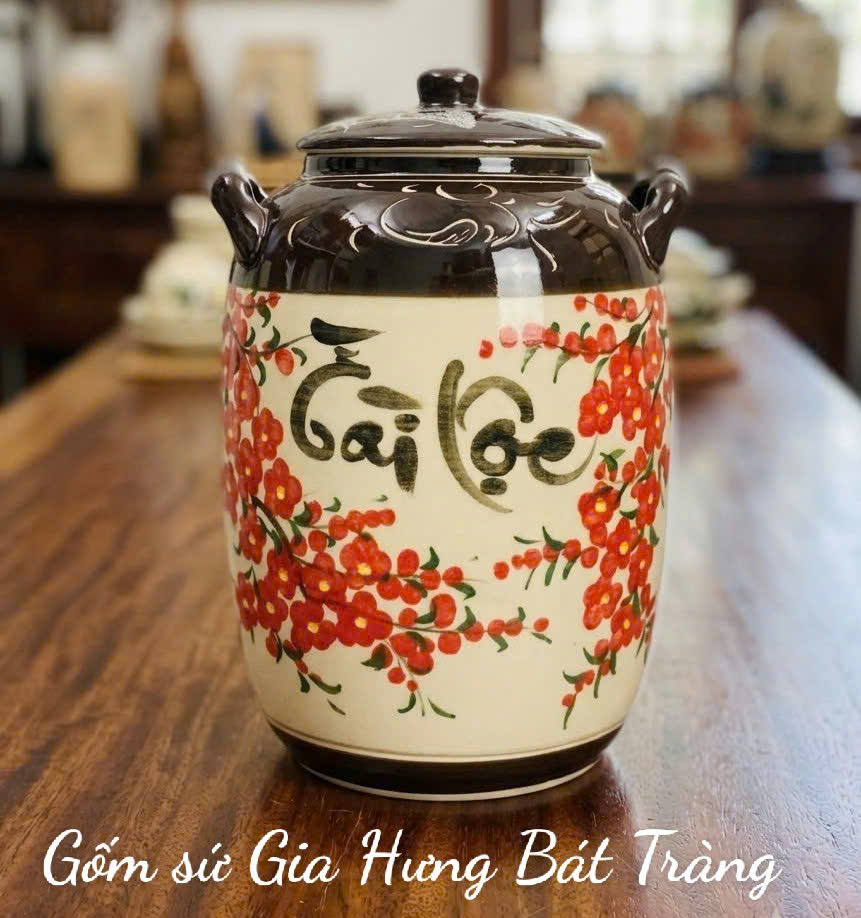 Hũ đựng gạo tài lộc hoa đào gốm Gia Hưng Bát Tràng