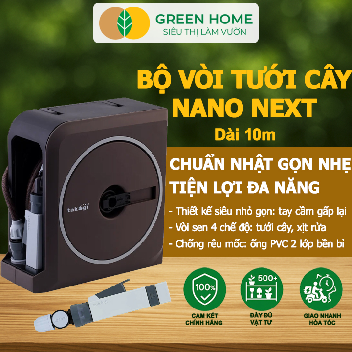 Bộ ống tưới cây Takagi Nano Next GreenHome, Dài 10m, Thiết Kế W-Reel Độc Quyền, Vòi Phun 4 Chế Độ, Gọn Nhẹ