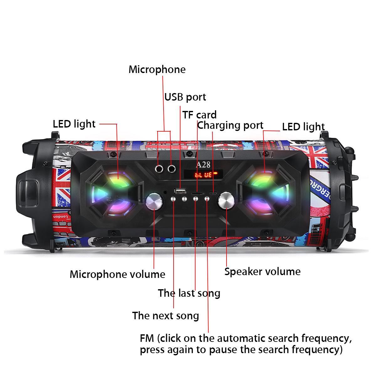 Loa Bluetooth A28 Loa siêu trầm âm thanh nổi không dây di động Loa tiệc karaoke có đèn LED RGB Hỗ trợ thẻ TF Đài FM Màu sắc: Đen