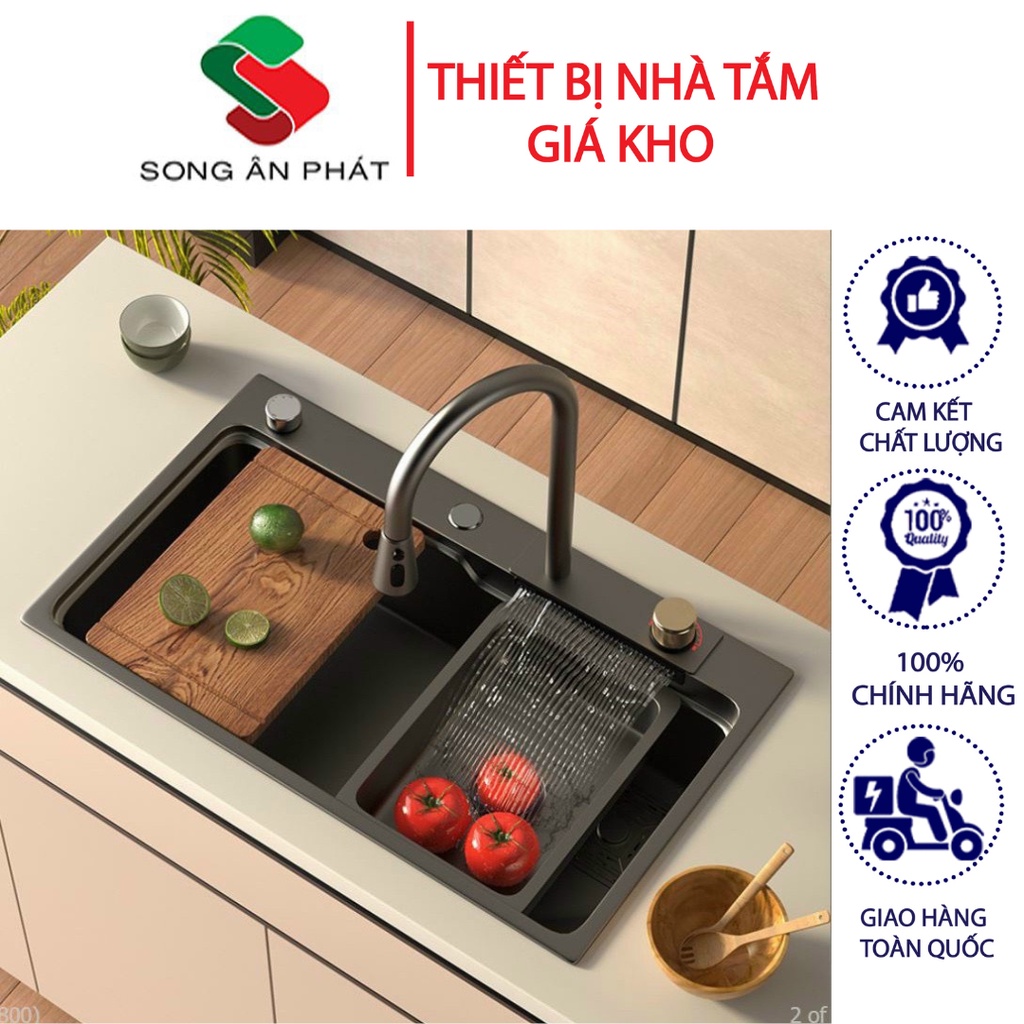 Bồn Rửa Chén 1 Hộc Nano Vòi Thác RS 75x45 Thiết Kế Học Lớn 1 Ngăn