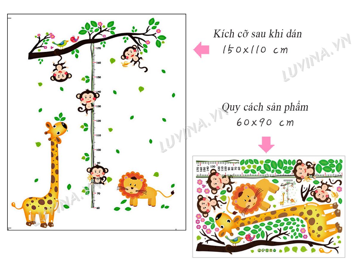 Decal dán tường thước đo hươu vàng và khỉ - HP34