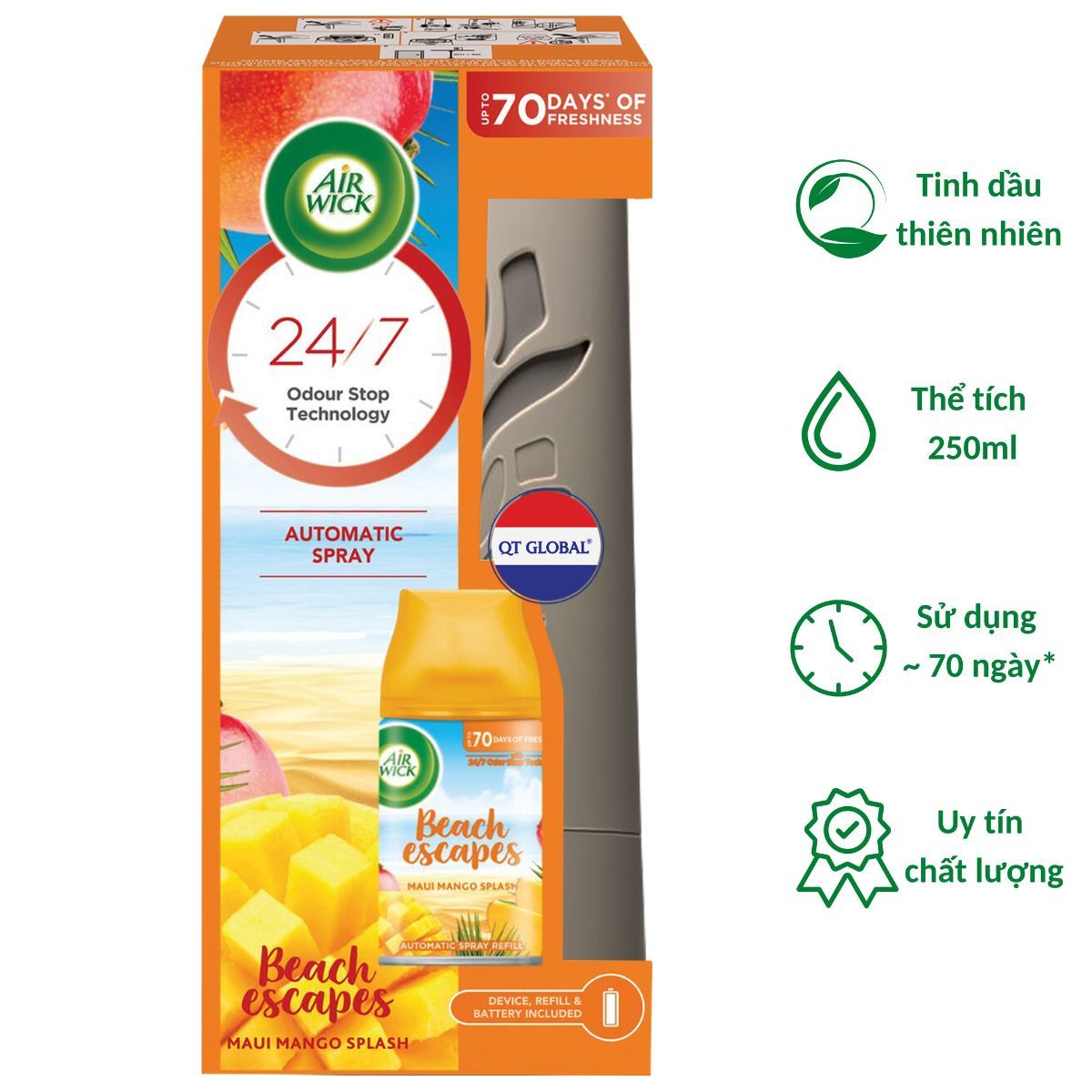 Bộ xịt thơm phòng tự động Air.Wick Maui Mango Splash 250ml QT0067 - Xoài Hawaii, gió biển