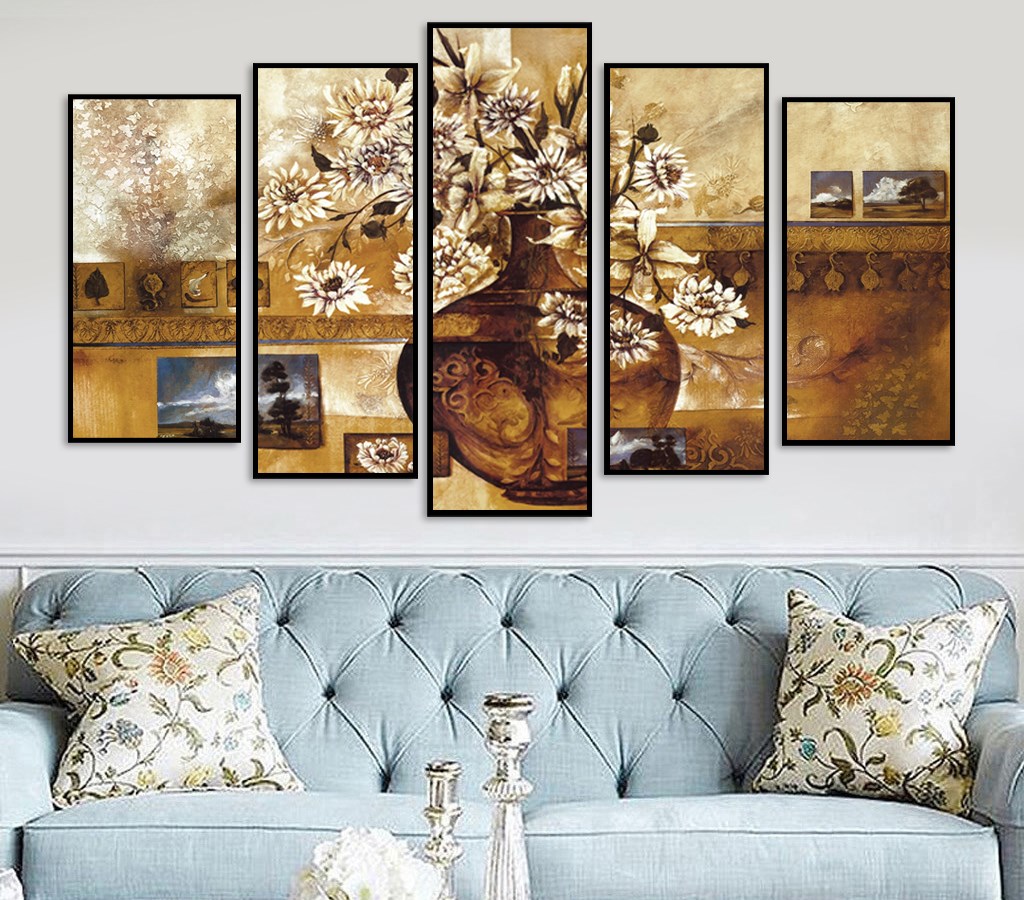 Bộ 5 tranh treo tường bằng vải canvas, chống ẩm mốc, không bám bụi, kèm khung tranh trang trí treo phòng khách đẹp, AT827