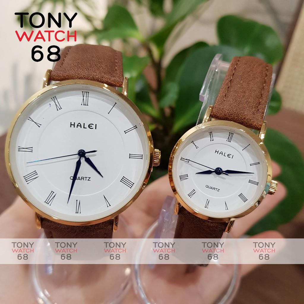 Đồng hồ cặp đôi nam nữ Halei kim xanh mặt trắng dây da nâu chính hãng Tony Watch 68