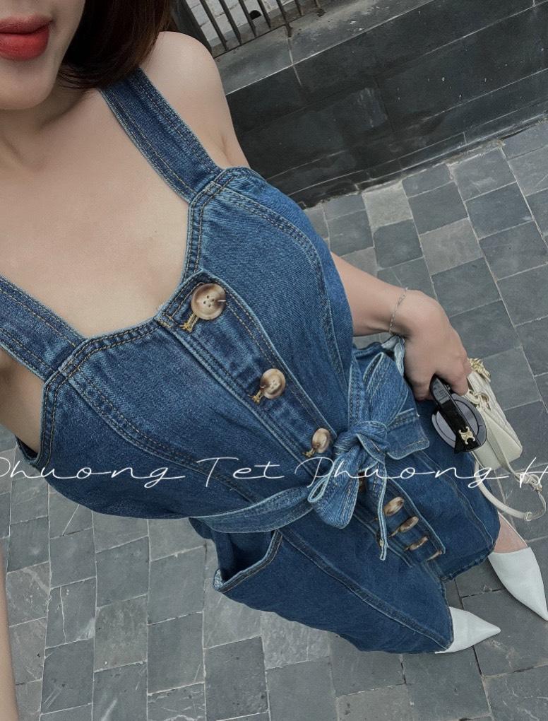 VÁY ĐI CHƠI, VÁY SUÔNG 2S JEAN HÀNG NÚT GIỮA KÈM ĐAI CỰC HOT