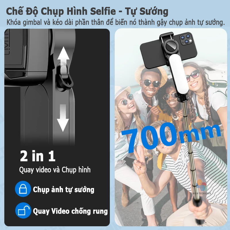 Gậy Chụp Hình Gimbal Chống Rung HIGH TECH GATE Q09 Mini Cầm Tay Du Lịch, Chụp Ảnh Tự Sướng Selfie, Quay Video, Livestream, Quay Tiktok Mọi Nơi, Có Đèn Sáng Tháo Rời, Hàng Chính Hãng