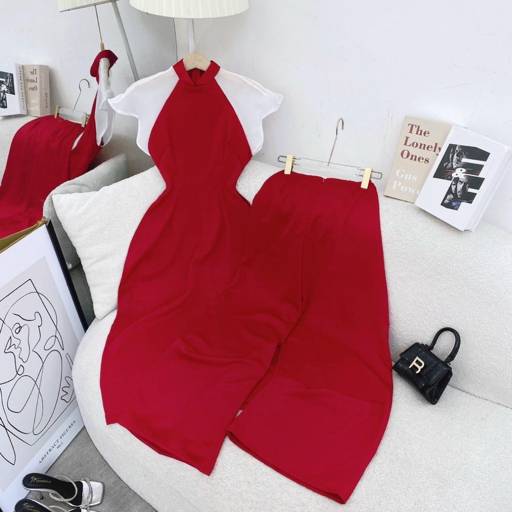 Set áo dài đỏ tay phối voan trắng bồng cánh tiên kèm quần suông đi chùa chúc tết nina lê