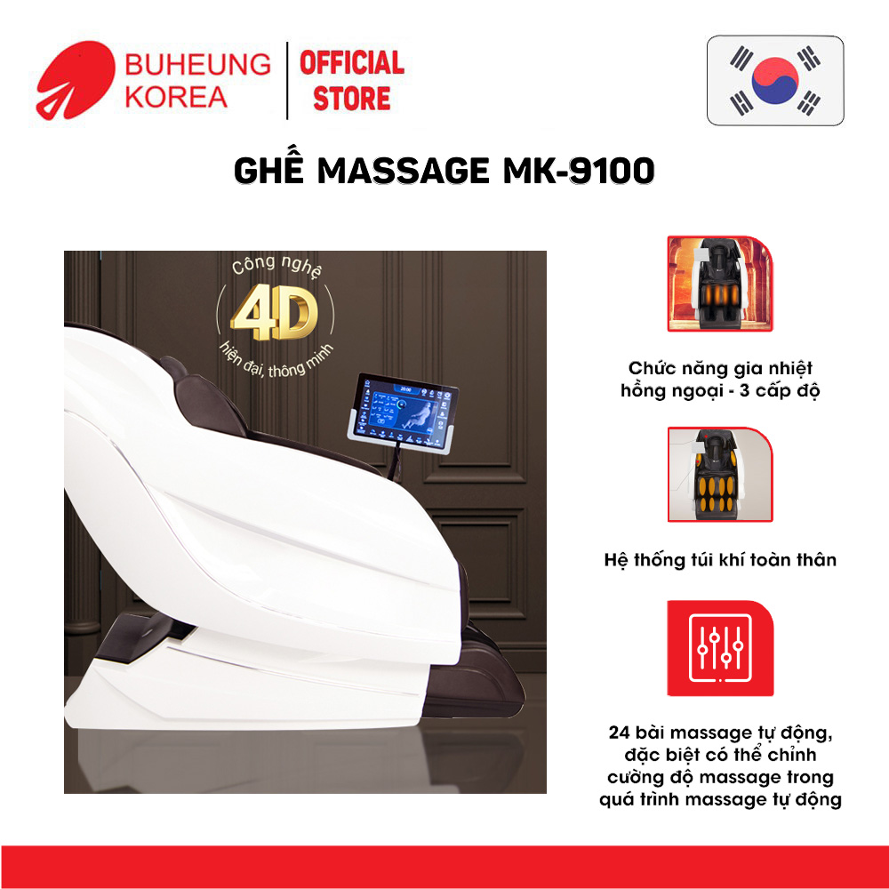 Ghế Massage thương gia Buheung MK-9100 4D King Royal, hệ thống túi khí, 24 bài massage tự động, bảo hành chính hãng