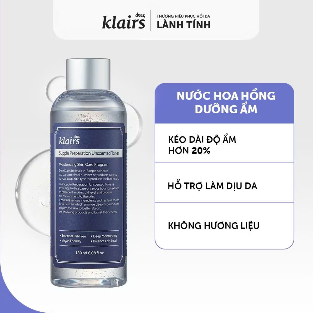 Nước Hoa Hồng Dear Klairs Supple Preparation Unscented Toner 180ml