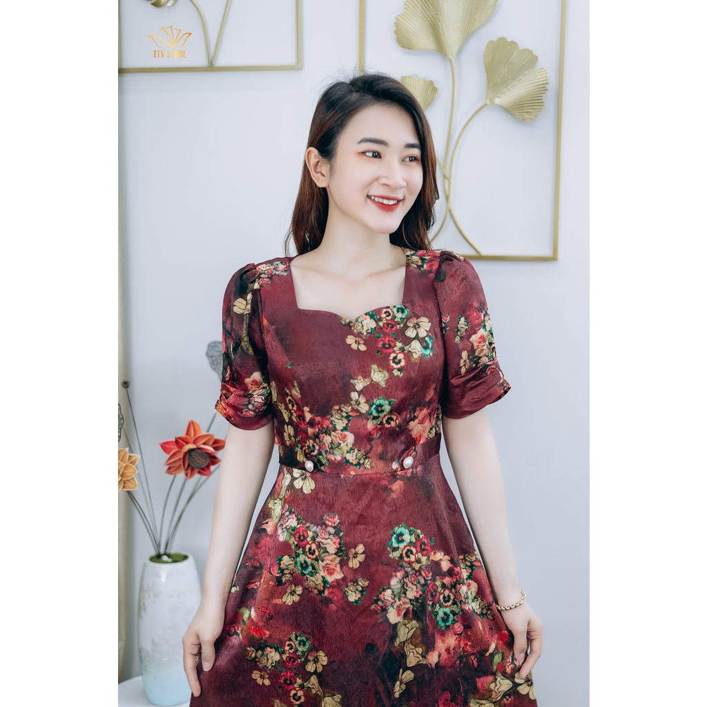 Đầm xòe thiết kế trung niên cao cấp sang trọng Cổ vuông tay ngắn màu Đỏ hoa TTV STORE TTV1242