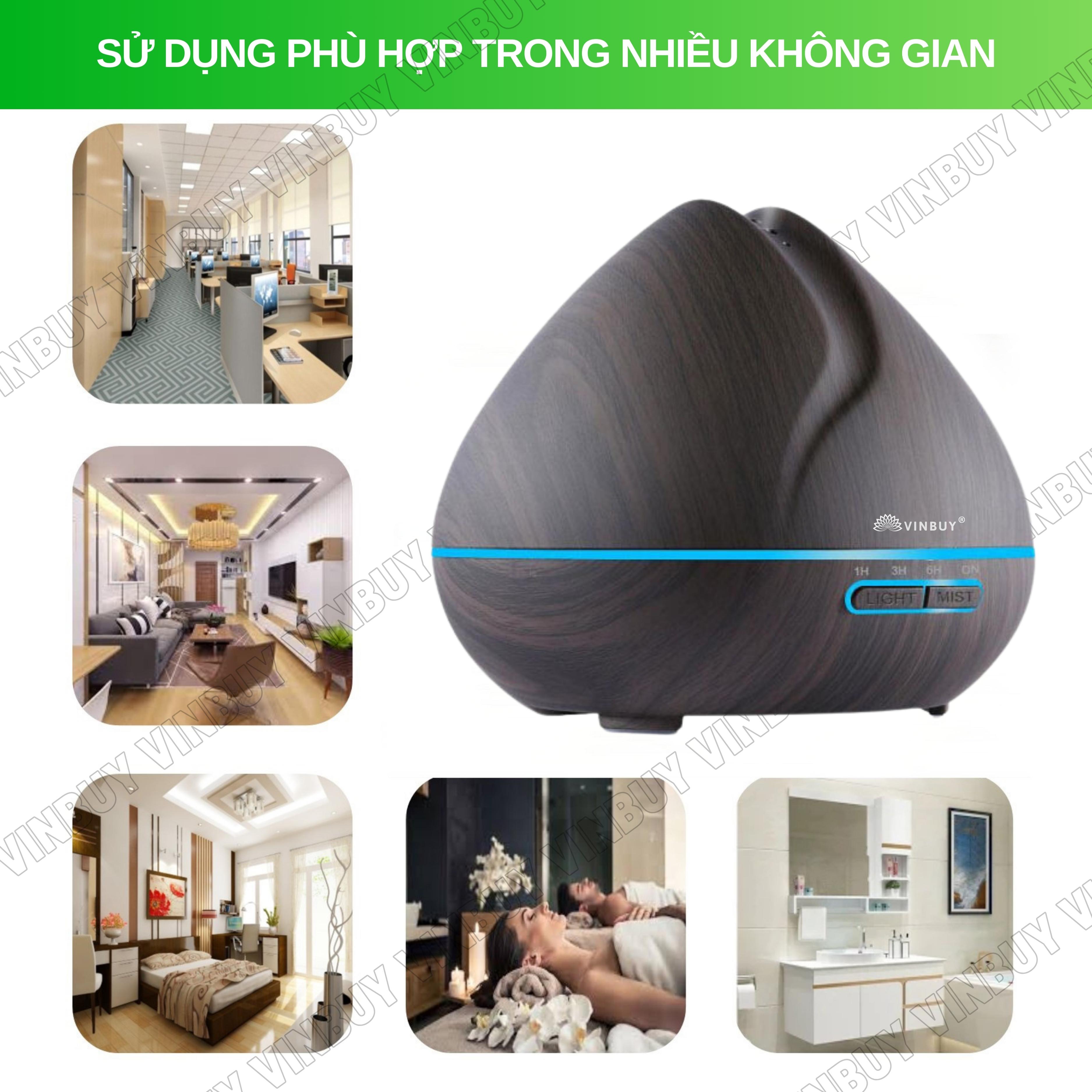 Máy xông tinh dầu VINBUY búp sen, máy khuếch tán phun sương tạo ẩm, máy xông tinh dầu phòng ngủ, spa, nhà hàng, dung tích lớn led 07 màu - Hàng chính hãng