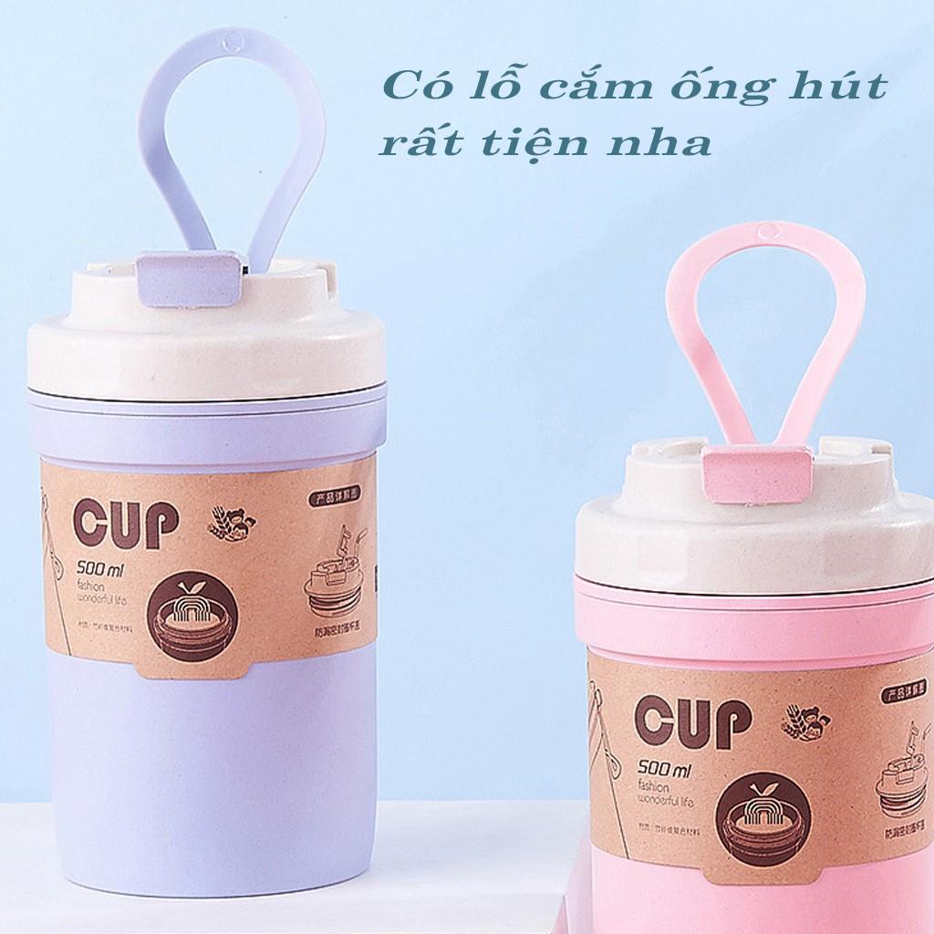 Cốc Lúa Mạch Giữ Nhiệt Dung Tích 500ML Và 420ML Kèm Thìa Có Lỗ Hút Thân Thiện Môi Trường