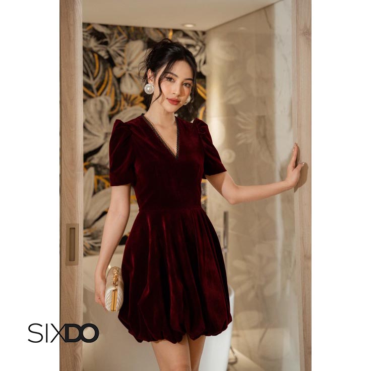 Đầm nhung midi ngắn tay sang trọng SIXDO