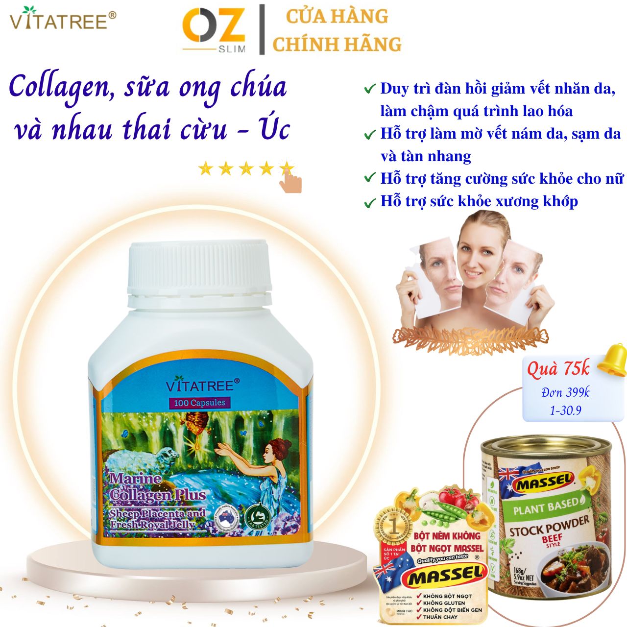 Collagen kết hợp Nhau thai Cừu và Sữa Ong Chúa Vitatree Marine Collagen Plus Giúp đẹp da, mờ vết thâm nám tàn nhang, mượt móng, dày tóc-OZ Slim Store