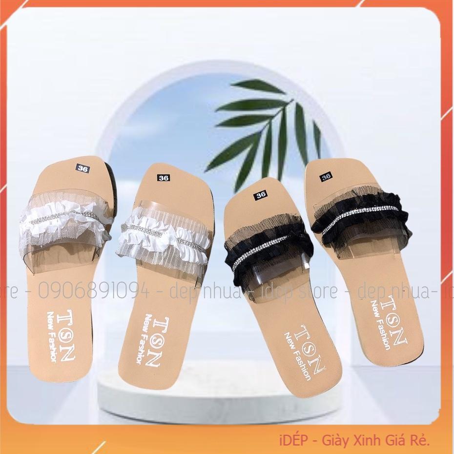 Dép nữ quai ngang trong bèo nhun nhúm đính cườm đế gỗ iDép- DL147