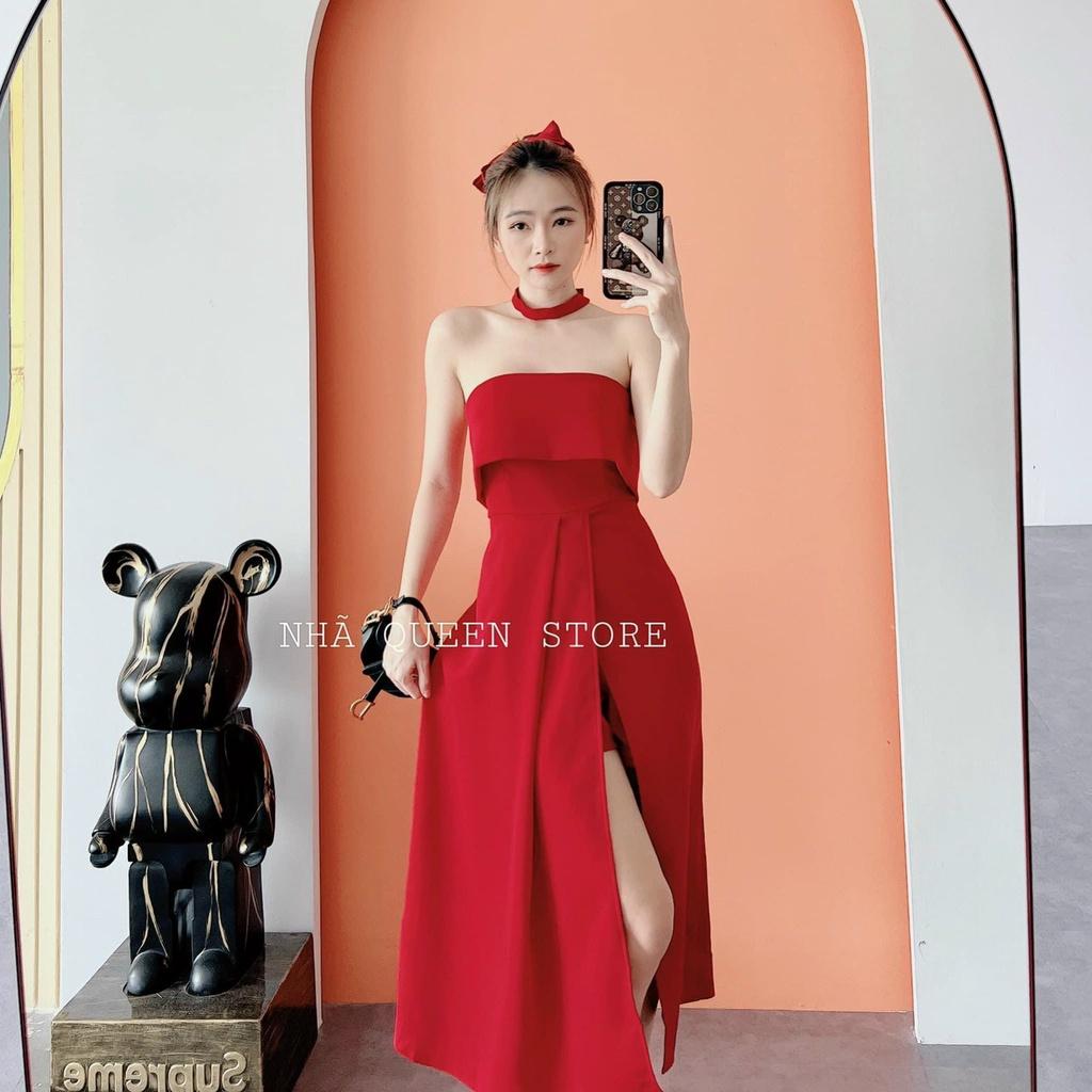 Đầm midi dự tiệc cúp ngực xẻ tà kèm dây cổ