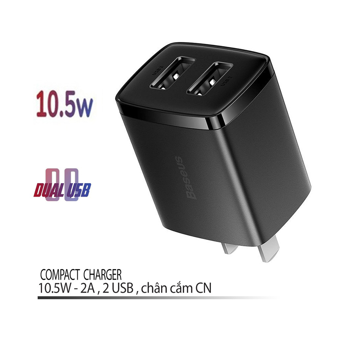 Củ sạc 10.5W Baseus Compact Charger chân dẹt 2 cổng USB chất liệu chống cháy cao cấp - Hàng chính hãng