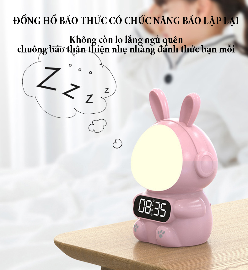 Đồng hồ xem giờ tích hợp đèn ngủ Rabbit điều khiển bằng giọng nói chức năng báo thức điều chỉnh độ sáng 4 cấp, pin sạc dung lượng 1500mA