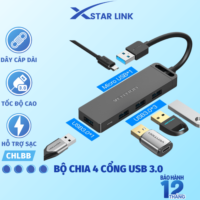 Bộ chia 4 cổng Usb 3.0 - Hub Usb 4 Port USB 3.0 có nguồn hỗ trợ 15cm 50/100cm Vention CHLBB - Hàng chính hãng