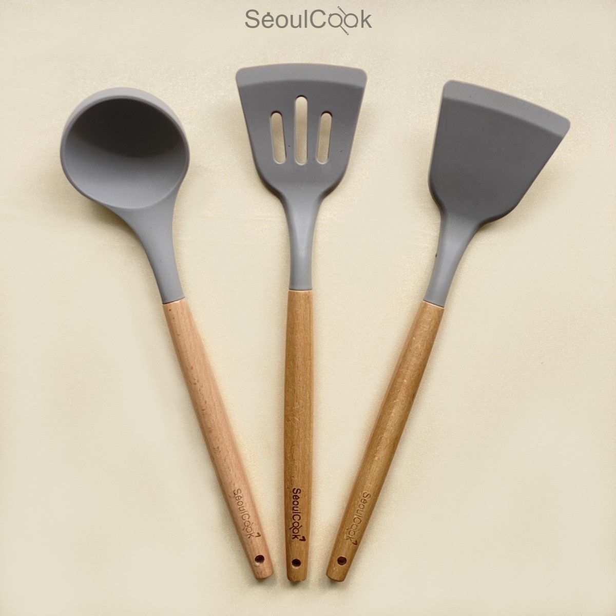 Bộ 3 dụng cụ nấu ăn Vá/ Sạn/Xẻng có rãnh cán gỗ Seoulcook cao cấp, chống dính dùng cho nhà bếp