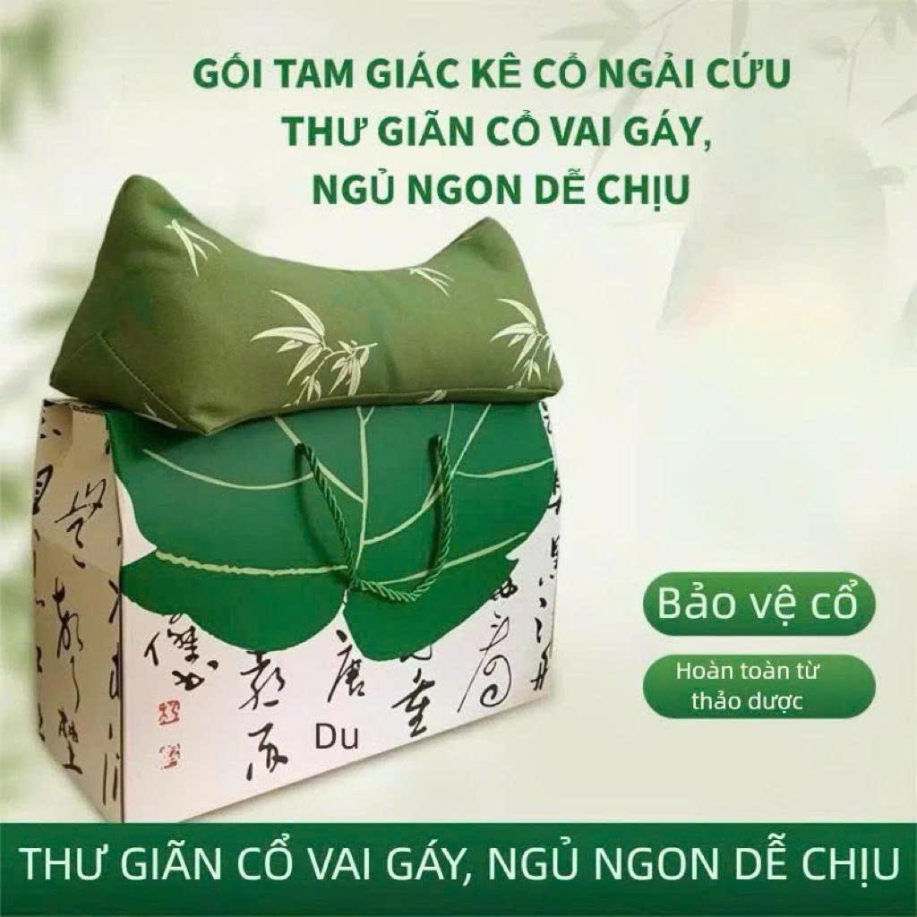 Sét Gối cổ ngải cứu, gối cổ tam giác thổ cẩm lá tre, hộp quà tặng gối ngải cứu búa đấm bảo vệ cổ