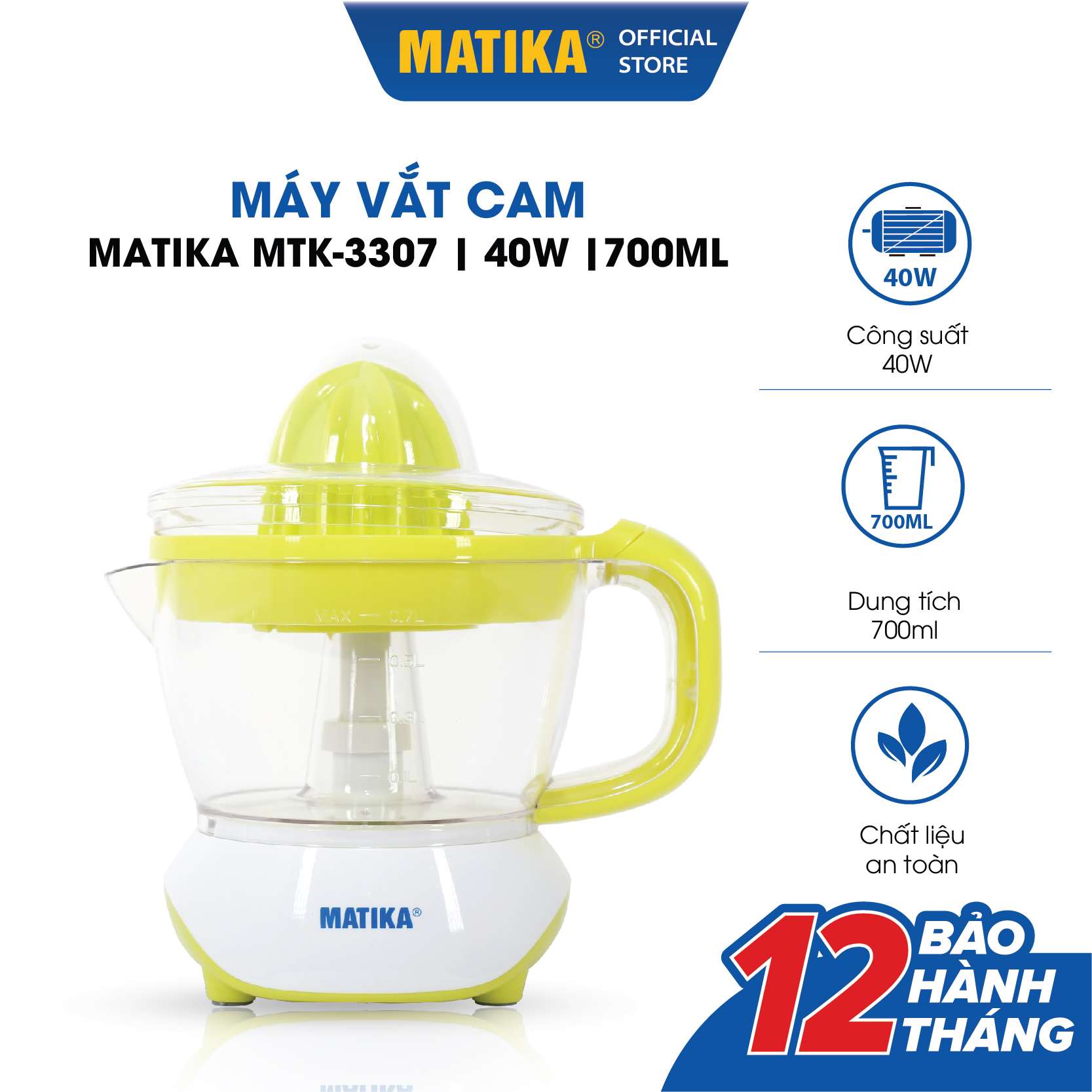 Máy Vắt Cam MATIKA Dung Tích 700ml MTK-3307 - Hàng chính hãng