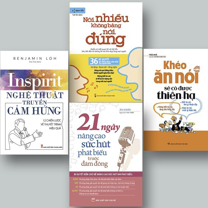 Sách:Combo Nghệ Thuật Truyền Cảm Hứng+ nói nhiều không bằng nói đúng + 21 ngày nâng cao sức hút + khéo ăn nói sẽ có được thiên hạ