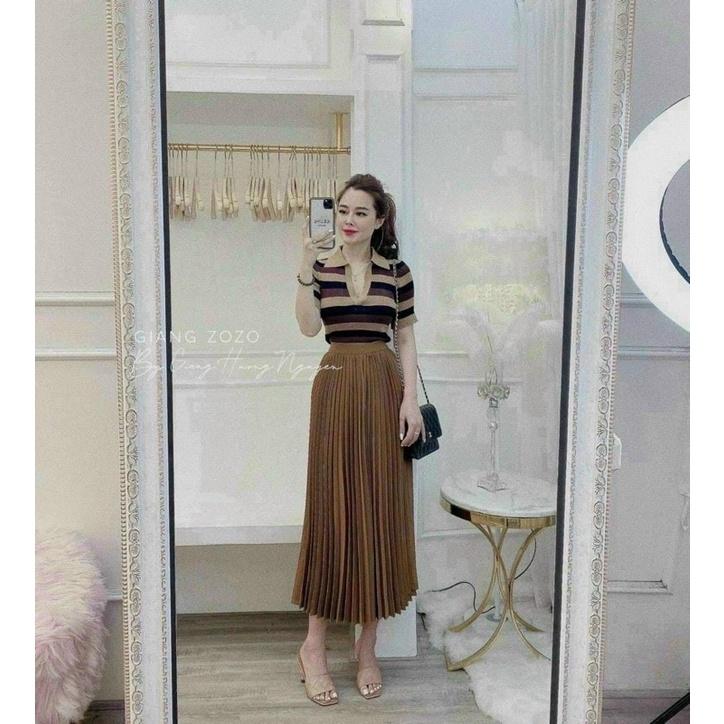Áo len nữ cộc tay cổ bẻ kẻ ngang 3 màu