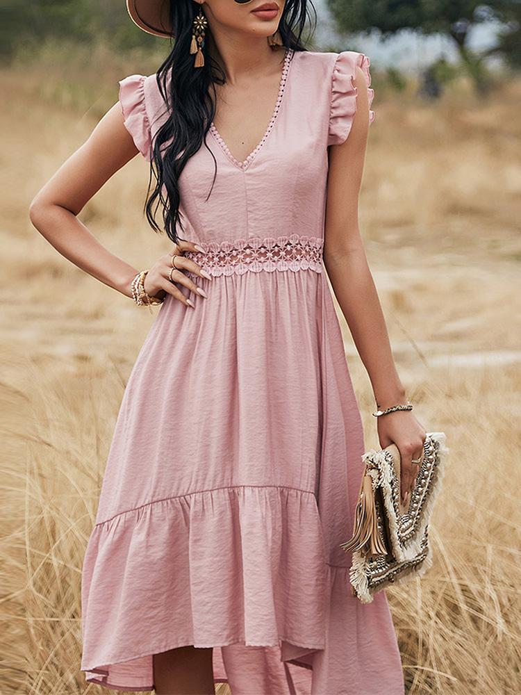 Women Midi Dress V-Neck Sleeveless Elastic Waist Ruffle Hem Dress Lace Splicing Solid Color Cute Casual Dress