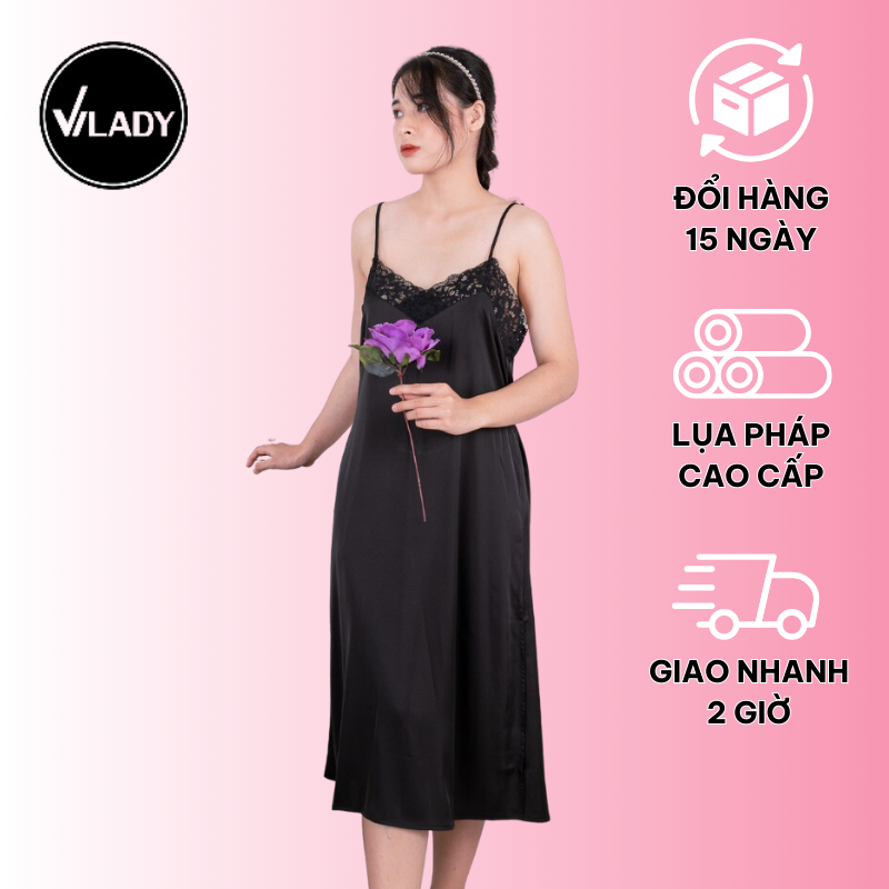 Đầm ngủ, Váy ngủ lụa Pháp cao cấp VILADY - V151, phối ren và ngực lưng, xẻ đùi 2 bên
