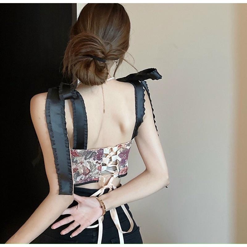 Áo 2 dây buộc nơ vai hoạ tiết hoa sang trọng đan dây lưng hàng đẹp