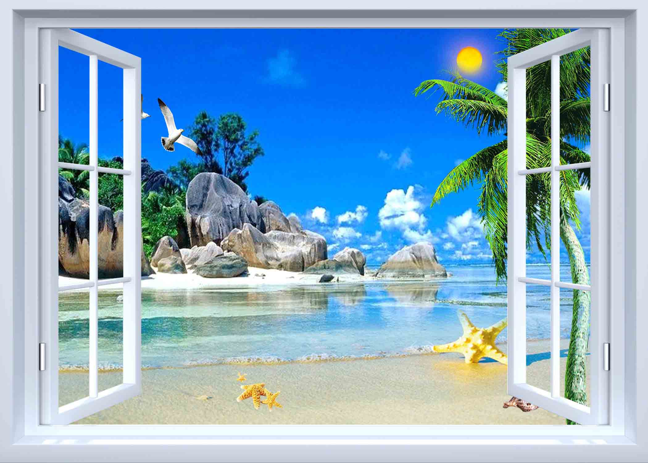 TRANH CỬA SỔ PVP-CS8 Tranh dán tường 3d cửa sổ mở RA BIỂN, BẦU TRỜI XANH ,Tranh dán tường có sẵn keo,MỞ RỘNG KHÔNG GIAN NGÔ NHÀ,