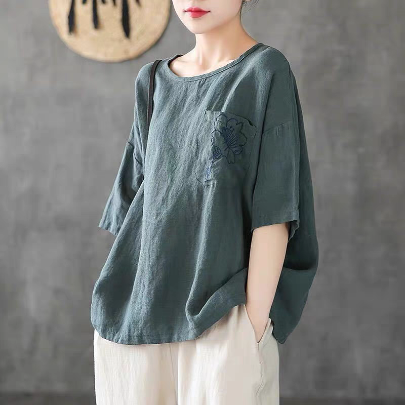 Áo kiểu nữ cổ tròn ngắn tay, form rộng chất liệu đũi mềm mát Đũi Việt